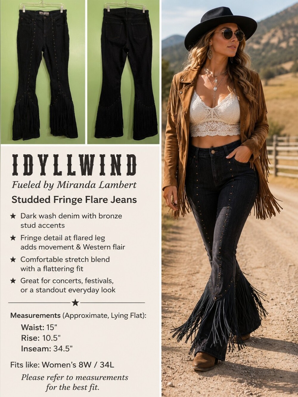 IDYLLWIND Fueled by Miranda Lambert Studded Fringe Flare Jeans 8W 34L Western